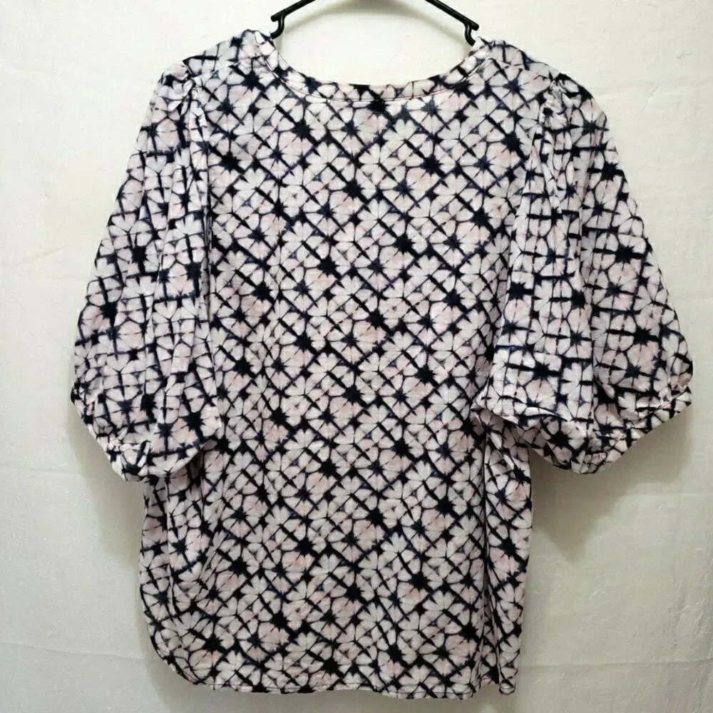 Banana Republic Shibori Tie Dye Blouse M Medium Pink Navy Blue V-Neck Tassel Top